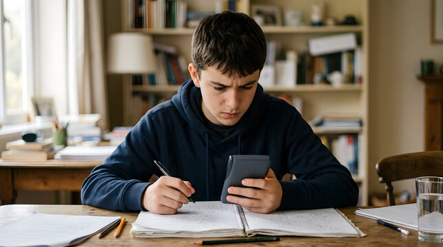 A focused teenage boy with dark hair intensely studies a calculator and notebook while doing homework at a wooden desk.