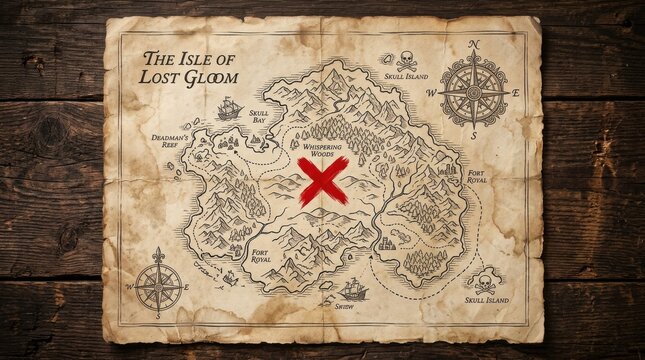 Old treasure map with red X mark. Vintage parchment paper showing a pirate destination.