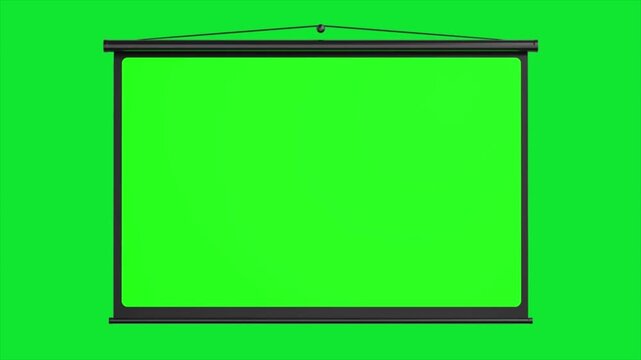Blank projector screen with green screen chroma key background, hanging presentation display mockup for business, education, cinema, conference and video editing, 4k video