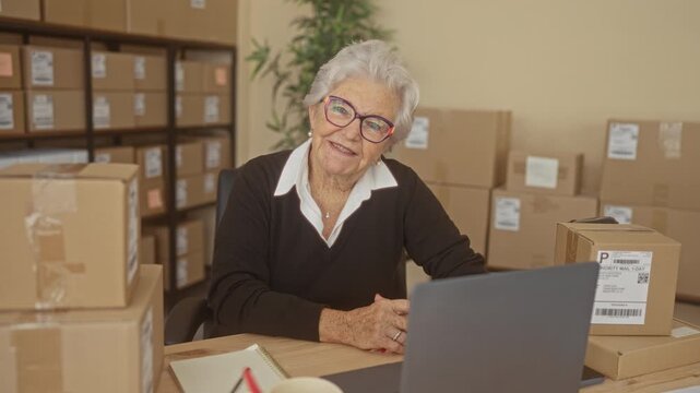 Elderly woman smiling with hands clasped by laptop and packing box in a building small business shipping station, surrounded by stacked parcel boxes; pride independence.