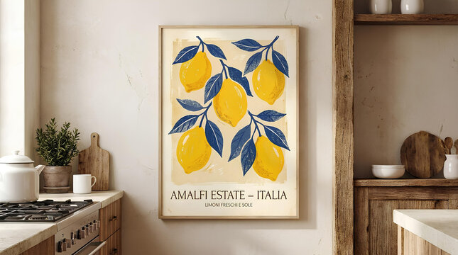 Modern kitchen interior with framed lemon art print