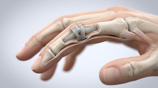 finger joint replacement implant cross section 3d illustration showing artificial prosthetic joint in human hand bone for arthritis treatment medical surgical procedure concept
