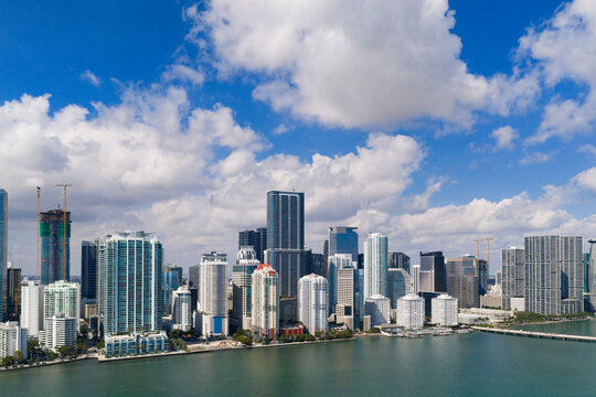 Miami Brickell skyline with urban skyscrapers. Miami cityscape with coastal skyline. Miami aerial panorama with downtown. Miami skyline with waterfront district.