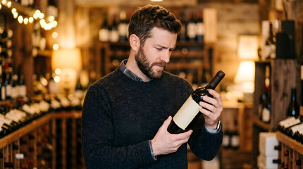 Obraz premium A man with a beard examines a bottle of red wine in a cellar filled with wine bottles.