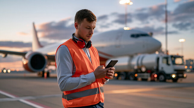 Technician verifying sustainable aviation fuel batch traceability with tablet at airport fuel depot showcasing clean energy logistics