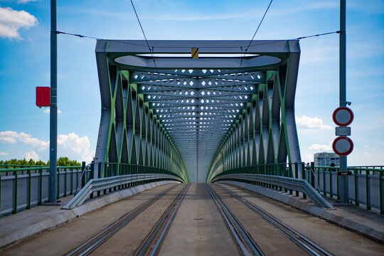 Steel truss bridge. Urban steel structure. Urban architectural construction of steel truss bridge. Old bridge landmark. Old bridge in Bratislava