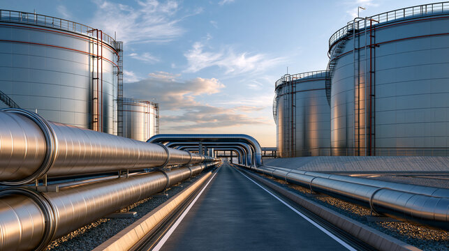 Industrial pipeline system connected to aviation fuel storage tanks showcasing sustainable aviation fuel logistics and supply verification