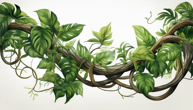 twisted jungle vines leaves and branches on white background or white background