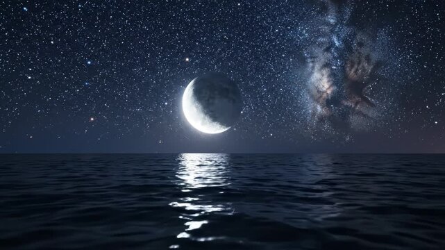 Calm Ocean Under Starry Night Sky with Moon and Milky Way Reflection