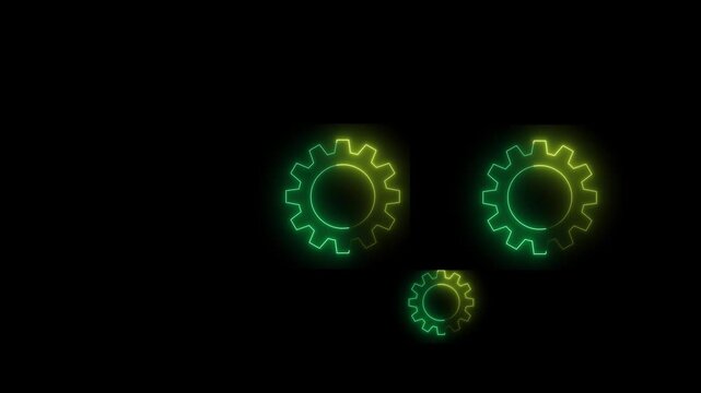 Abstract Geometric Gears spinning with glowing green and yellow light effects on black background