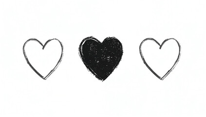 Fototapeta premium Three hearts drawn with charcoal on a white background, one solid black