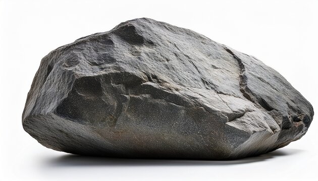 large grey granite boulder with rough textured surface isolated on a pure white background