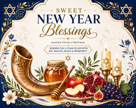 Rosh Hashanah greeting with festive Jewish New Year elements - ai generative