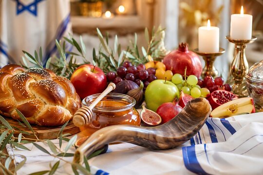 Rosh Hashanah celebration with traditional festive elements arrangement - ai generative