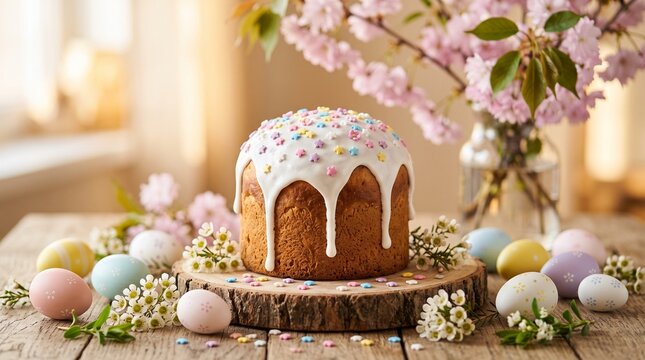 Traditional Easter Bread Kulich with Colorful Eggs and Spring Flowers on a Rustic Wooden Table