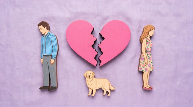 Sad man and sad woman separated by broken heart symbol with dog. Divorce concept illustrating relationship breakup, family conflict, separation of couple