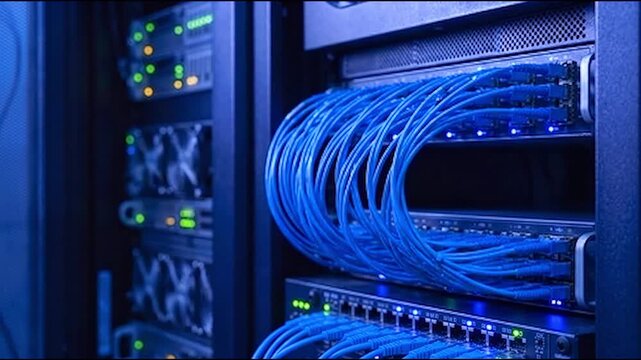 Close up of blue ethernet cables connected to network switches in a modern data center server rack