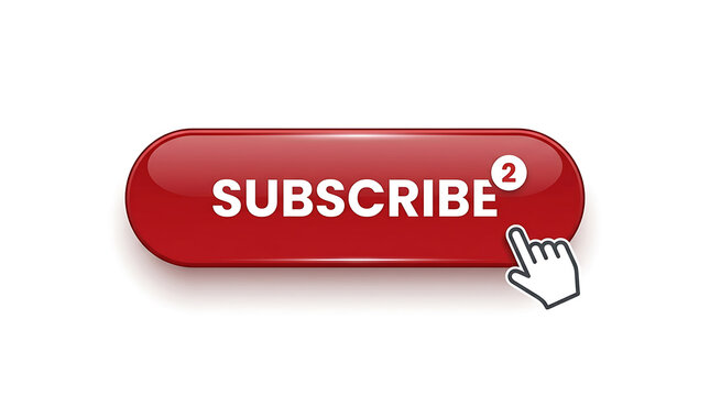 Red glossy subscribe button with cursor icon isolated on white background