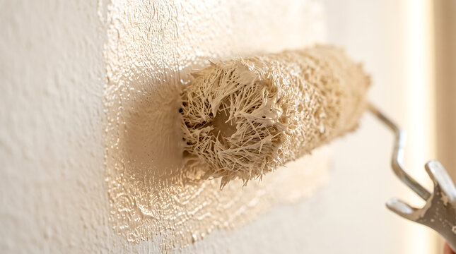 paint roller applying beige paint to white textured interior wall home renovation room decoration repair improvement DIY project close up macro view