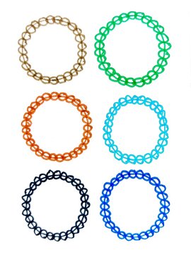 Six colorful circular chain frames arranged in pairs, each formed from interlocking loops. Bright decorative rings suggest graphic elements for design, display, pattern and creative projects.