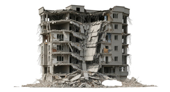 Collapsed multi-story residential building ruin isolated transparent background isolated on transparent background
