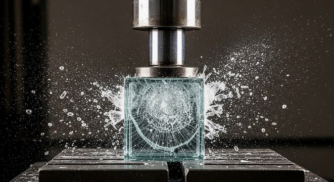 Hydraulic press powerfully crushing and shattering a transparent glass cube under immense force