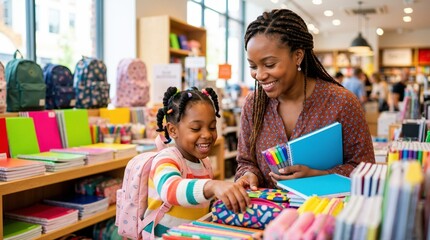 Obraz premium Smiling Black mother and daughter shopping for school supplies. Happy family choosing stationery in a store. Back to school preparation concept