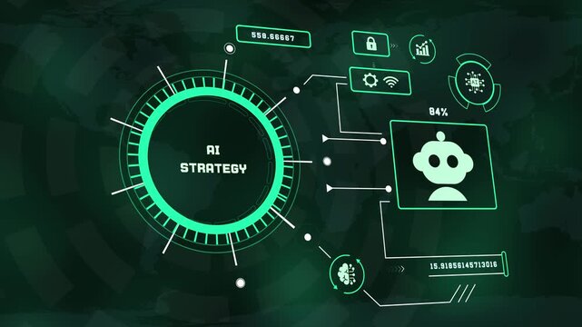 Modern neon green tech interface design displaying AI strategy concept with robotic icon and HUD graphics