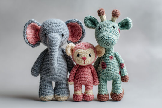 crocheted amigurumi animals of the zoo, gray elephant pink monkey and mint green giraffe standing together on pale gray background, photorealistic.png
