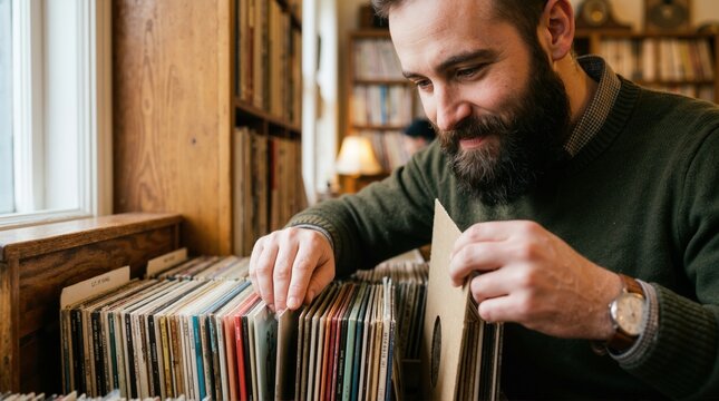 Smiling bearded man browsing vinyl records in a music store. Male customer selecting vintage LP albums from a wooden crate. Music collector shopping concept