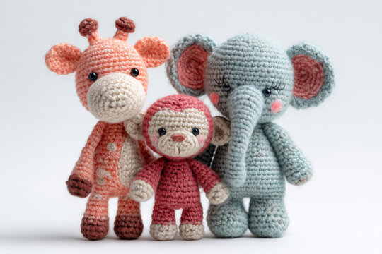 crocheted amigurumi animals of the zoo, pastel giraffe monkey and elephant standing together on white background, photorealistic.png