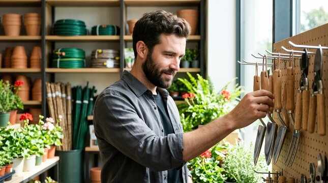 Man buying gardening tools in a garden center. Male customer selecting a hand trowel from a pegboard display in a plant nursery