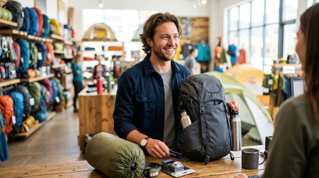 Smiling man buying camping equipment at an outdoor store counter. Customer paying with credit card for backpack and sleeping bag