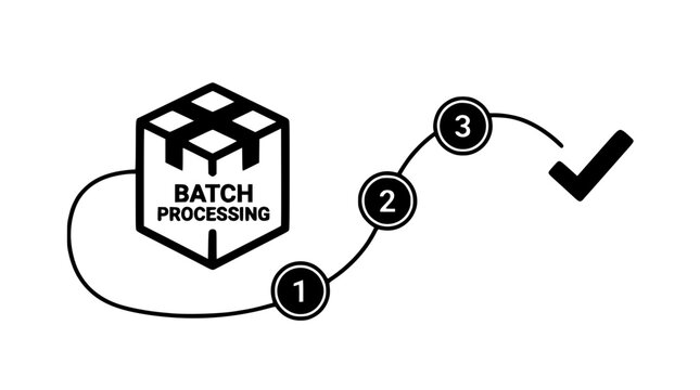 Batch Processing System Flowchart Icon with Three Numbered Steps and Checkmark in Vector Style Featuring Illustration, Design