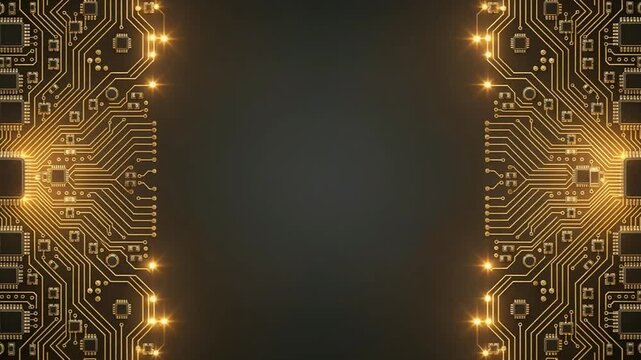 Golden circuit board with glowing lights.