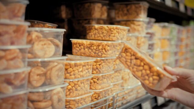 A girl picks up a packaged container of mixed nuts from a store shelf surrounded by a large selection of various nuts and snacks in a modern supermarket