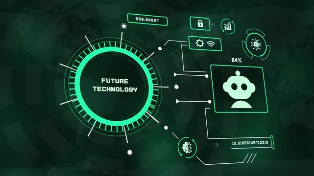 Future technology HUD digital dashboard featuring futuristic artificial intelligence system UI interface visual with robot bot icon background.