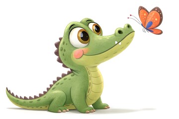 Fototapeta premium Cartoon crocodile watching a colorful butterfly flying nearby