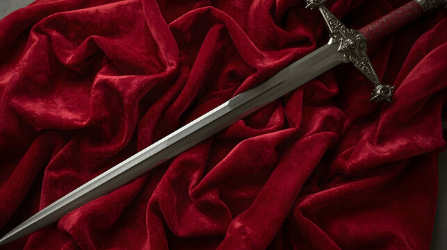 Steel longsword on crimson velvet fabric