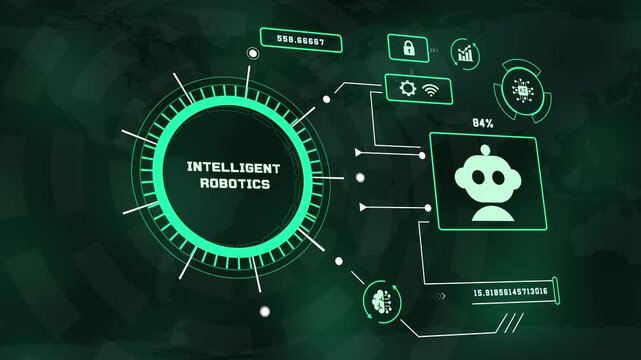 Intelligent robotics HUD dashboard visual featuring futuristic bot icon artificial intelligence UI interface digital data tech display.