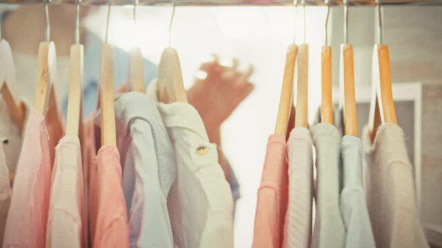 A girl goes through items on wooden hangers in a clothing store on a bright day picking a new outfit. Concept of everyday shopping and choosing clothing in retail