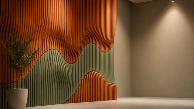 Sleek 3D render of parametric wavy wood acoustic wall panel for luxury architectural background