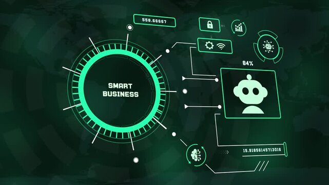 Smart business HUD dashboard concept featuring artificial intelligence UI interface with robot bot icon and digital performance analytics visual.