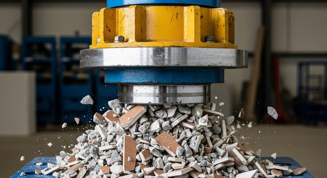 Powerful hydraulic press crushing broken ceramic tiles and concrete debris in a forceful industrial operation