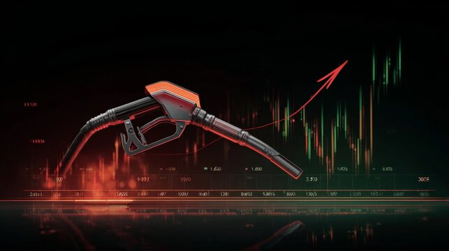 Creative illustration of fuel price surge. Currency movement. Subtle symbolism: fuel nozzle with upward arrow shadow. Crypto analytics. Market analysis.