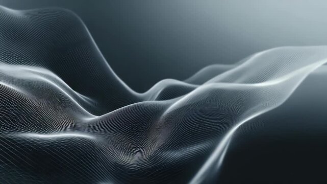 Dynamic abstract waves in subtle grayscale tones form a sophisticated digital background. Fluid lines and ethereal gradients suggest innovation, technology, and contemporary design trends