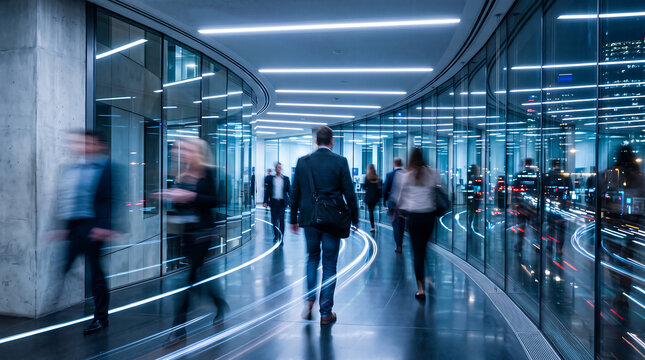 Business professionals walking through modern glass office corridor at night with light motion blur effect representing fast-paced corporate life and technology