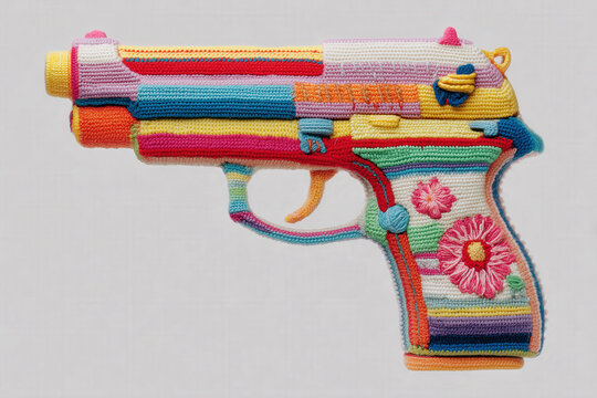 crocheted amigurumi weapons, gun, large pistol made of bright striped yarn with blue trigger and pink floral grip on white background, photorealistic.png