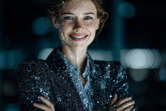 Empowered female leadership in a bright workspace. Cybernetic id