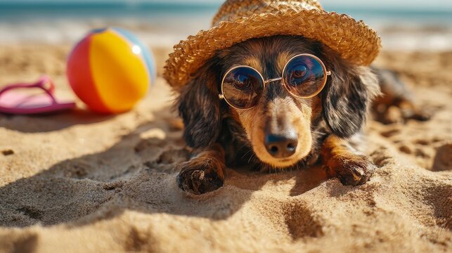 Adorable dachshund dog wearing sunglasses and straw hat on beach, funny puppy on summer vacation, cute pet relaxing on sandy shore